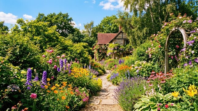 A picturesque garden with a stone cottage, lush greenery, and a variety of colorful flowers, set against a clear blue sky with a few scattered clouds.