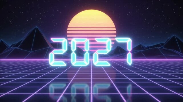 Happy New Year 2027 Retro Synthwave Glowing Neon Digital Numbers with 80s Sunset Grid Landscape Background