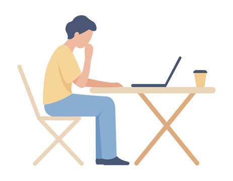Man Working on Laptop at Desk Flat Vector Illustration