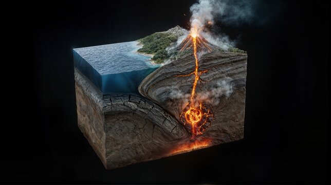Subduction of continent plates showing volcanic eruption -  Cross-Section of earth layers