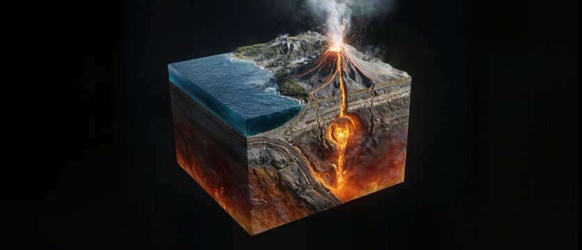 Subduction of continent plates showing volcanic eruption -  Cross-Section of earth layers
