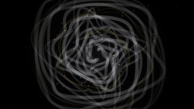 Abstract swirling white lines and dots on black background, dynamic motion background footage.
