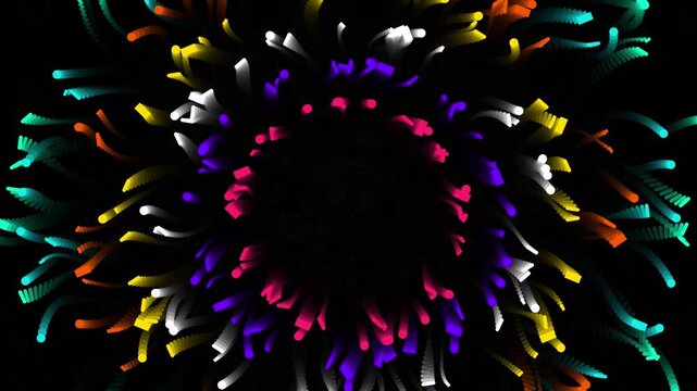 Abstract colorful explosion motion graphic with dynamic glowing particles in dark background.