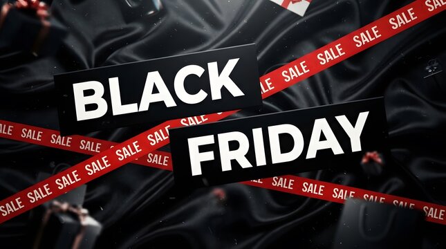 Black friday sale concept with bold typography and red ribbons featuring repeating sale text over a dark, elegant silk fabric background