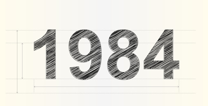 Iconic nineteen eighty four written in a detailed pencil sketch style with structural grid lines included