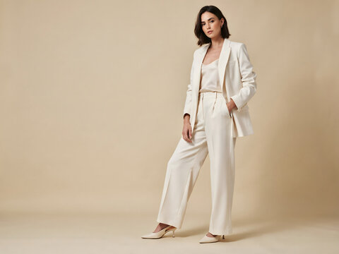 A woman posing in a cream colored oversized blazer and matching wide leg trousers with a hand in her pocket against a neutral studio backdrop