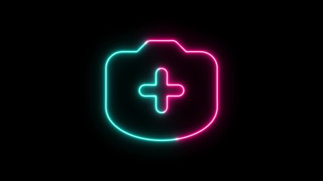Neon camera icon with a plus sign glowing in blue and pink colors on a dark background