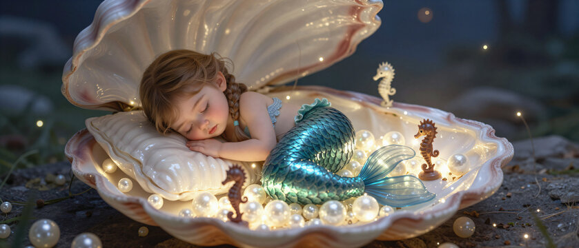 Cute young mermaid sleeping inside pearl seashell bed