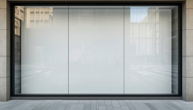 Blank Glass Storefront Window with Frosted White Panel and Street Reflections, Empty Mockup Space on Modern Building