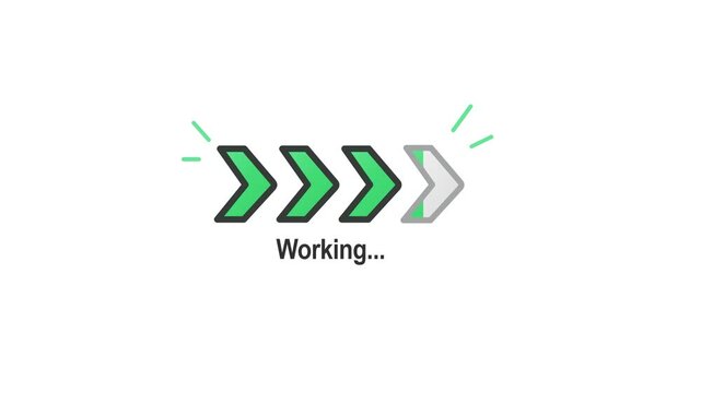 Green chevron arrows pointing right with working text indicating progress and forward movement in a clean modern style.