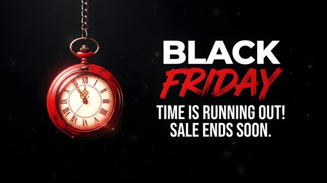 Black friday sale countdown banner with vintage red pocket watch on dark background