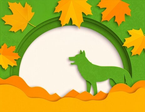 Paper cut autumn background with green wolf silhouette and maple leaves on arch frame with copy space