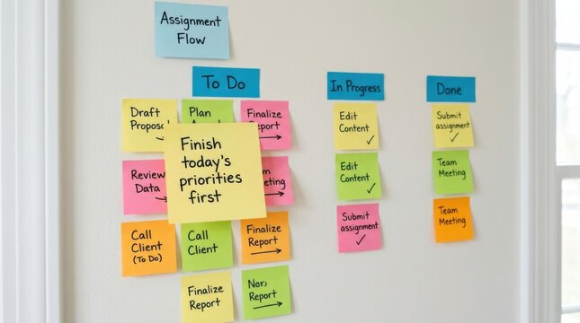 Kanban Board with Sticky Notes Illustrating Project Tasks and Workflow Progress