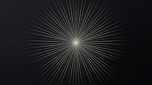 A black and white abstract design with a central point of light emanating from a star-like shape, surrounded by a network of lines and dots.