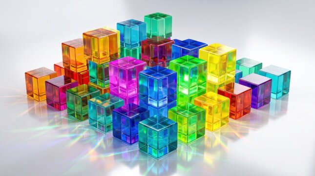 A colorful array of transparent cubes in various colors, including red, green, blue, yellow, and purple, arranged in a seemingly random pattern on a reflective surface with a gradient background.