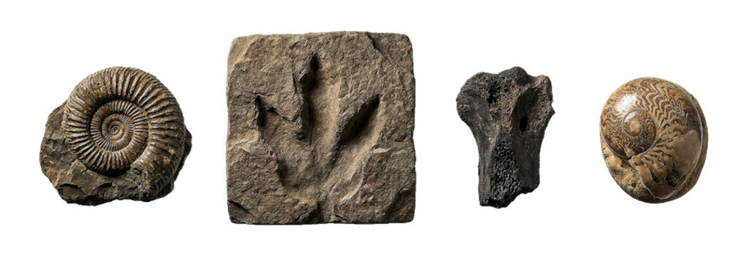 Real Prehistoric Fossils Collection Featuring Ammonite Shell and Dinosaur Footprint  with transparent background 