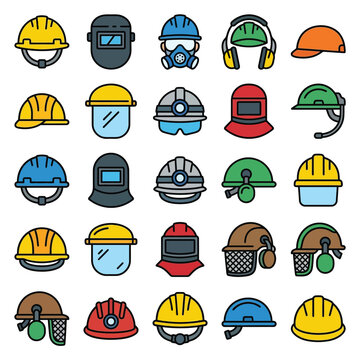 collection of industrial headgear and safety helmets outline icons set