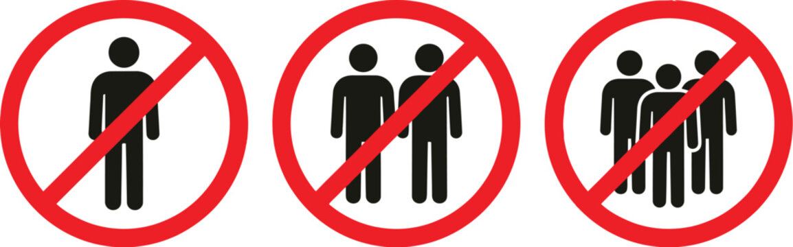 Prohibited group size icons with red circle warning signs showing no people allowed