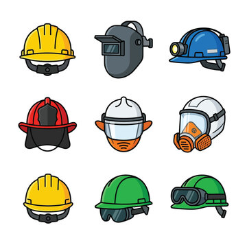 collection of industrial safety headgear icons hard hats welding mask firefighter helmet gas mask