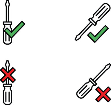 Screwdriver icons with green check mark and red cross mark symbols for correct and wrong choice