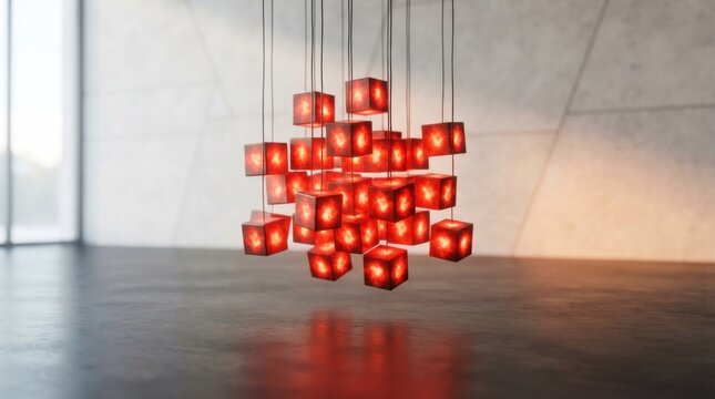 A modern, abstract light sculpture made of red cubes suspended from the ceiling in a minimalist setting.