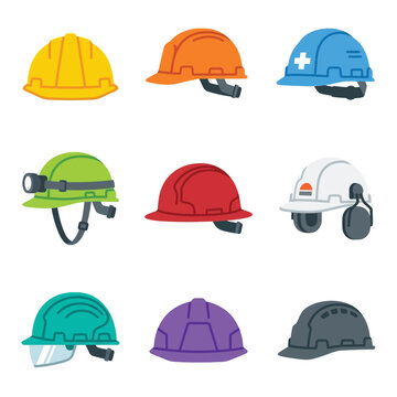collection of nine colorful hard hat icons for construction and industrial safety