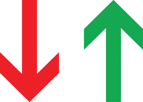 Red down arrow and green up arrow symbols isolated on a white background