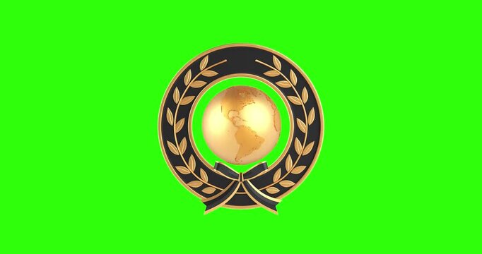 4k Resolution Video: Global Achievement, International Excellence, Prestige, Honor And Leadership Concept. Golden Globe Framed By Laurel Wreath And Black Ribbon Animated On Green Screen 