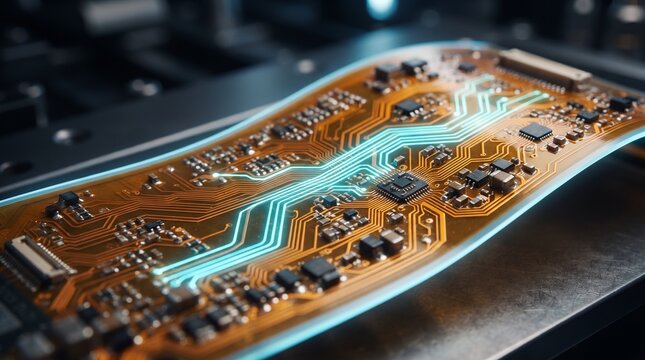 Flexible Circuit Board Macro with Electric Cyan Traces, ultra-thin electronic panel featuring intricate conductive pathways and ice blue technological illumination