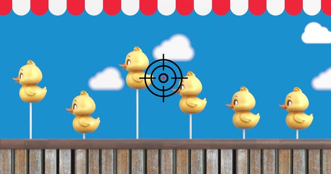 4k Resolution Video: Duck Hunting Game And Shooting Challenge Concept. Yellow Toy Ducks Moving Animate Across A Carnival Range With One Duck Targeted By A Crosshair