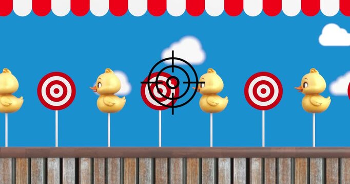 4k Resolution Video: Duck Hunting Game And Target Shooting Concept. Yellow Toy Ducks And Red Bullseye Targets Moving Animate Across A Carnival Range Under A Crosshair