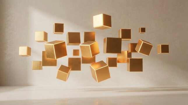 A collection of golden cubes floating in a neutral, light-colored room with soft shadows and a neutral background.