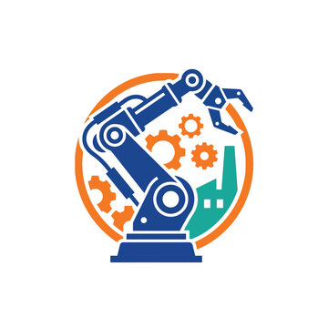 industrial robot arm and factory gear icon emblem for modern smart manufacturing and automation technology logo design