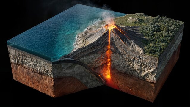 Subduction of continent plates showing volcanic eruption -  Cross-Section of earth layers