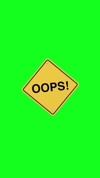4k Resolution Vertical Video for Social Media: Error, Mistake, Warning, Caution And Failure Concept. Animated Yellow Oops Sign On Green Screen Chroma Key Background With Alpha Matte