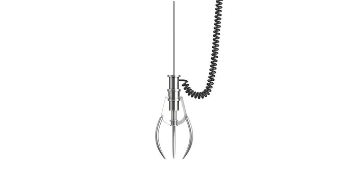 4k Resolution Video: Selection, Opportunity, Grabbing, Arcade And Prize Concept. Metal Claw Game Machine Mechanism With Coiled Cable Animating On White Background With Alpha Matte