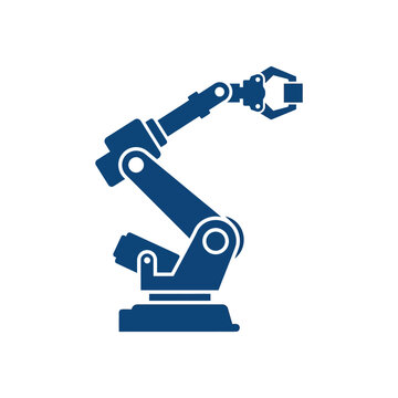 industrial robot arm icon picking up a cube for modern factory automation technology and smart manufacturing