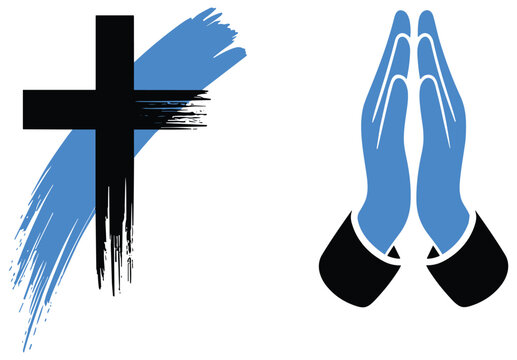 Cross and Praying Hands Symbol: A stark black cross with a blue brushstroke backdrop is juxtaposed with an icon of praying hands, symbolizing faith and spirituality.