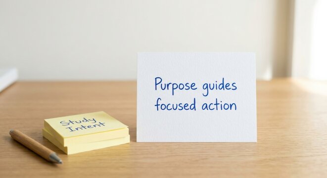Sticky notes and card with handwritten messages about purpose guiding focused action for study