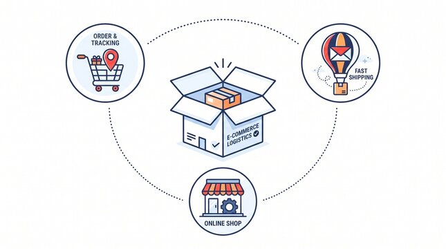 Modern omnichannel retail fulfillment infographic, open package at center, connected shopping cart, delivery service, and storefront icons, clean vector design, professional, minimal, business.