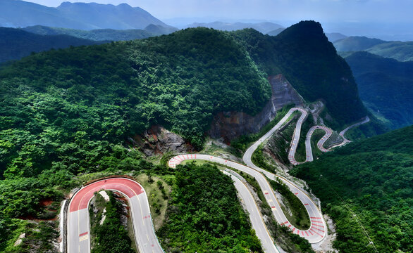 Winding Mountain Highway Through Green Mountains, Yichang China