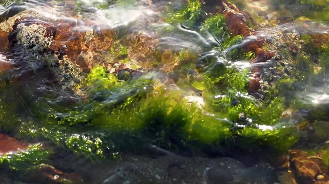 Flowing clear water over mossy rocks and green algae in natural environment.