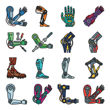 mechanical limb set vector illustration with cybernetic arm and robotic leg designs