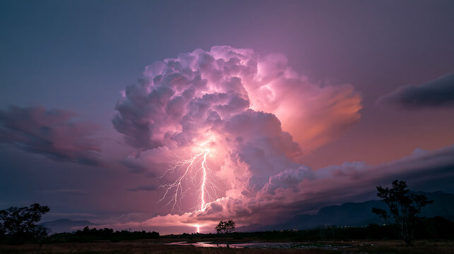 dramatic lightning bolt striking through dark storm clouds over the ocean at night representing powerful nature and extreme weather
