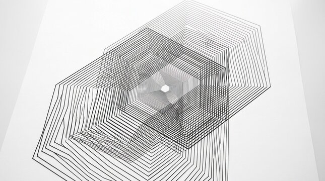 A black and white abstract geometric pattern with a central hexagonal shape and surrounding lines, set against a white background.