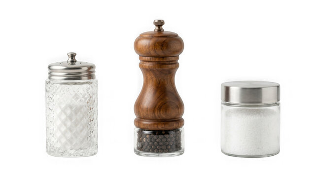 Kitchen condiment set with glass salt shaker, wooden pepper mill, and glass spice jar isolated on transparent background