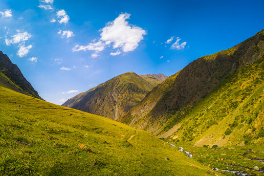 Lush Mountain Valley with Stream and Clear Blue Sky