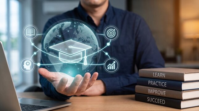 Global Digital Education and Online Learning Concept with Graduation Cap, Knowledge Network, Skills Growth and Academic Success
