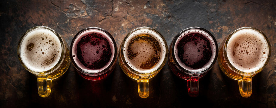 Five mugs of beer show varied colors and foam heads. They rest on a rustic tabletop, offering a top down view of different brew styles. Cold drinks await.