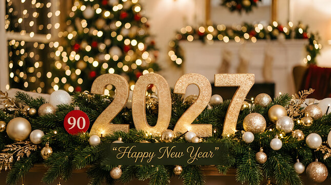Golden 2027 numbers displayed in a festive holiday setting with glowing christmas tree lights